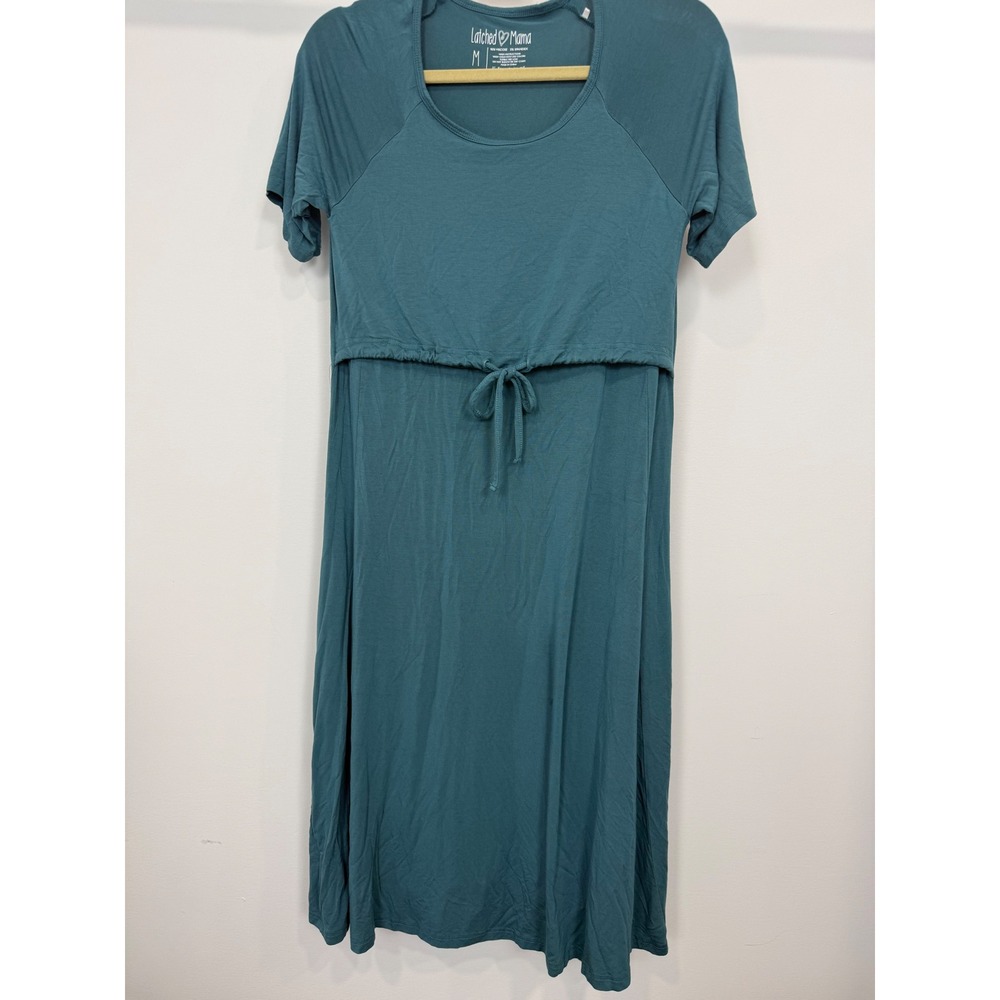 Latched Mama Teal Nursing Dress Midi Drawstring Waist Pockets Medium